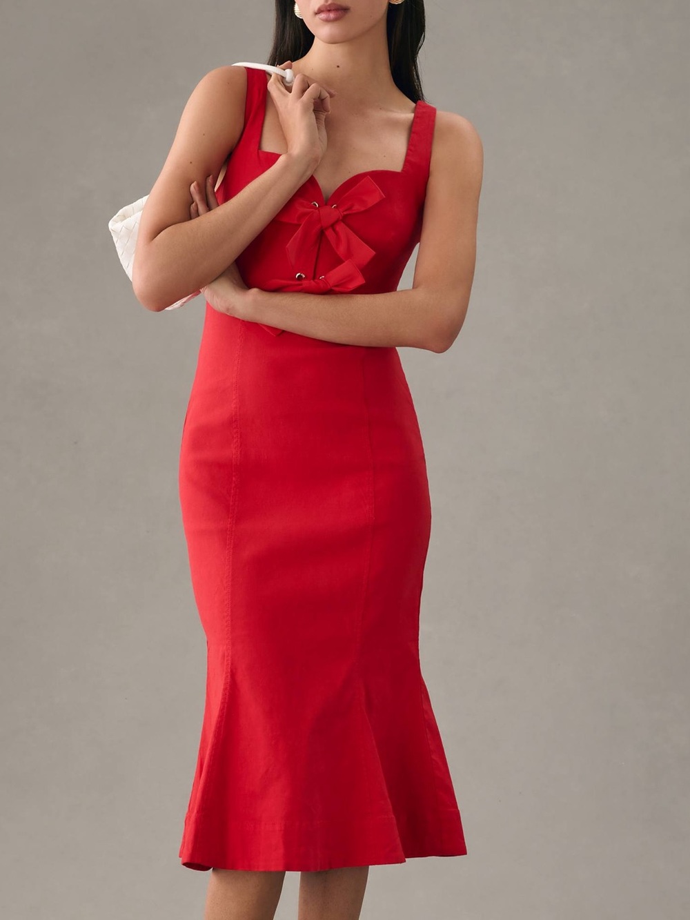 Anthropologie Sweetheart Bow Smocked Dress Large Red Linen Cotton Romantic Party